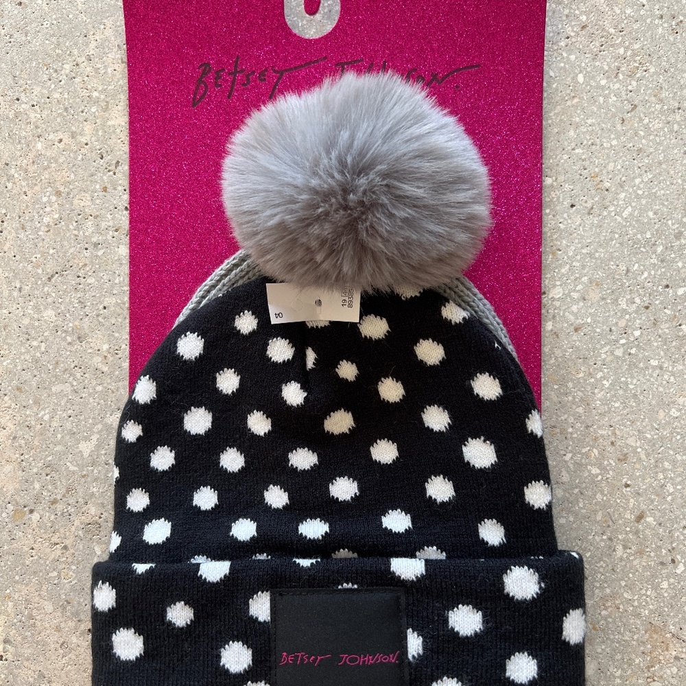 Betsey Johnson 2 pack grey and polka dot  beanies one size
